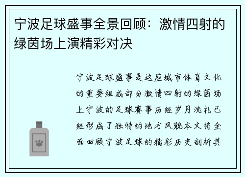 宁波足球盛事全景回顾：激情四射的绿茵场上演精彩对决