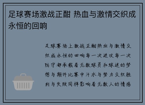 足球赛场激战正酣 热血与激情交织成永恒的回响