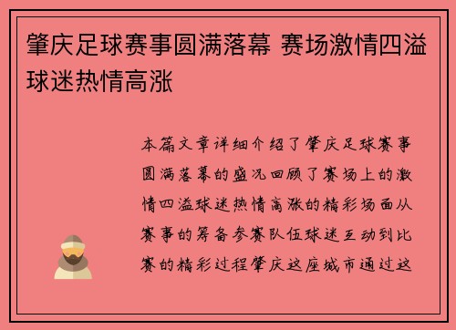 肇庆足球赛事圆满落幕 赛场激情四溢球迷热情高涨